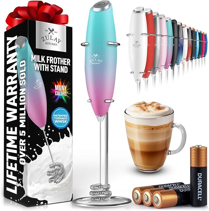Zulay Kitchen Patented Tornado Triple Whisk Milk Frother with 4 Duracell Batteries – Handheld Foam Maker for Coffee, Lattes, Matcha & Hot Chocolate – Rich, Creamy Froth in Seconds