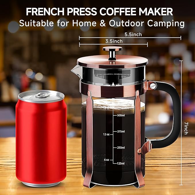 French Press Coffee Maker 304 Stainless Steel Coffee Press,with 4 Filters System, Heat Resistant Thickness Borosilicate French Press Glass, BPA-Free Brewed Tea Pot Coffee Plunger(Copper 12oz)