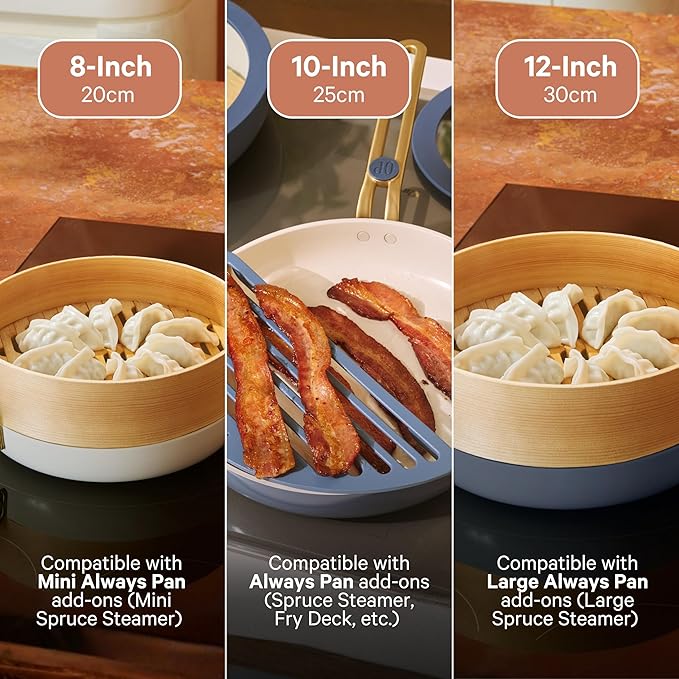 Our Place 8-Piece Essentials Complete Cookware Set - Ceramic Fry Pan Trio & Modular Rack Storage | Nontoxic Thermakind™ Nonstick, Oven Safe up to 450°F & Compatible with All Cooktops | Cream