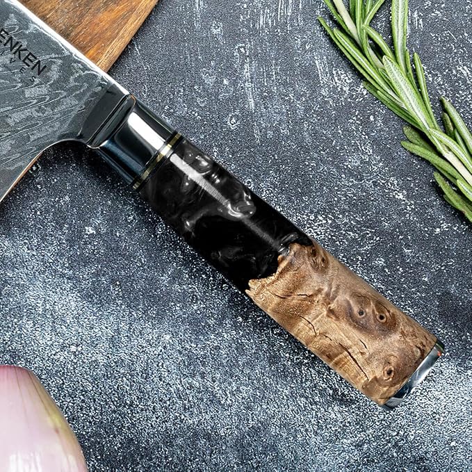 SENKEN 7-Piece Damascus Kitchen Knife Set - Tsunami Collection - 67-Layer Japanese VG10 Steel - Chef's Knife, Cleaver, Santoku, Bread, Boning, & More (Black Resin Blend)