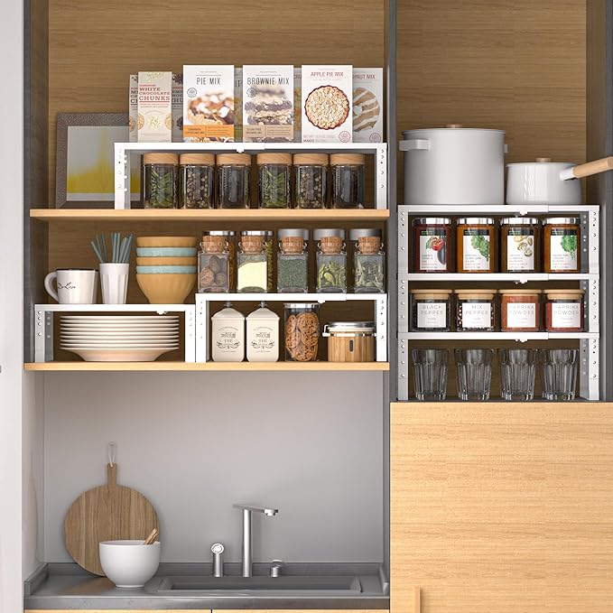 Expandable,Adjustable & Stackable Spice Rack, Cabinet Kitchen Countertop Shelf Organizer,Metal Pantry Storage Shelves - Space-Saving Storage Solution(2Packs/White/Medium)