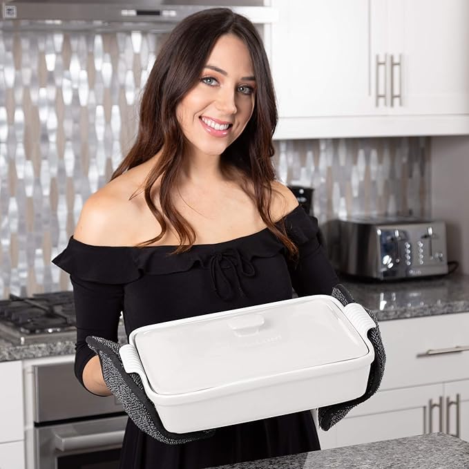 Stoneware Casserole Dish Bakeware Set with Lid, Covered Rectangular Dinnerware, Large 3.2 Quart, 11 by 9 Inch, Bianco [White]