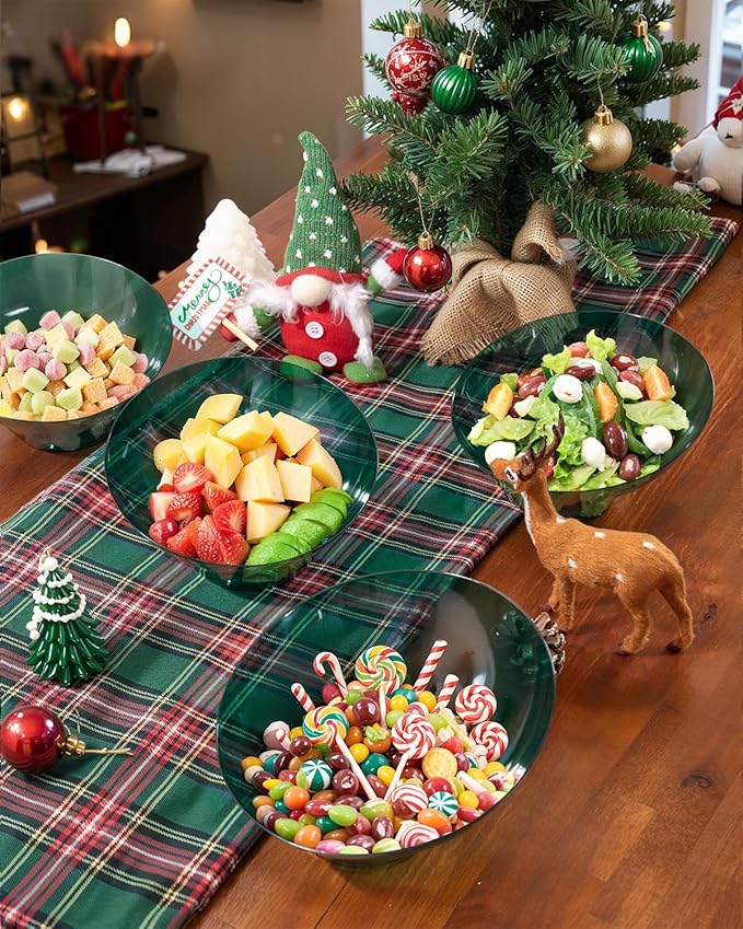 bUCLA 12 Pack Clear Green Plastic Serving Bowls - 20 OZ Christmas Angled Serving Bowls Disposable for Chip, Candy, Salad & Fruit - Ideal for X’mas Party