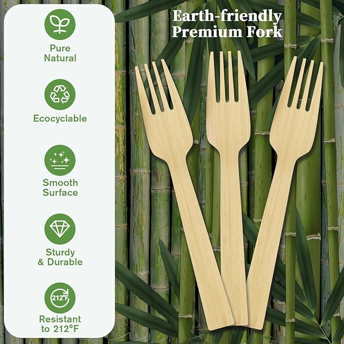 ECOLipak 300 Count Bamboo Forks Disposable, 6.7 Inch No Splinters Heavy Duty Bamboo Disposable Compostable Forks for Party, Wedding, Camping, Traveling, Family Dinners, Large Events
