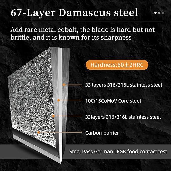Damascus Kitchen Knife Set with Block – Razor Sharp 67-Layer VG10 Steel, Triple Rivet Handles, Chef, Santoku, Utility, Bread & Paring Knives, Sharpener, Shears, Black, 9PCS