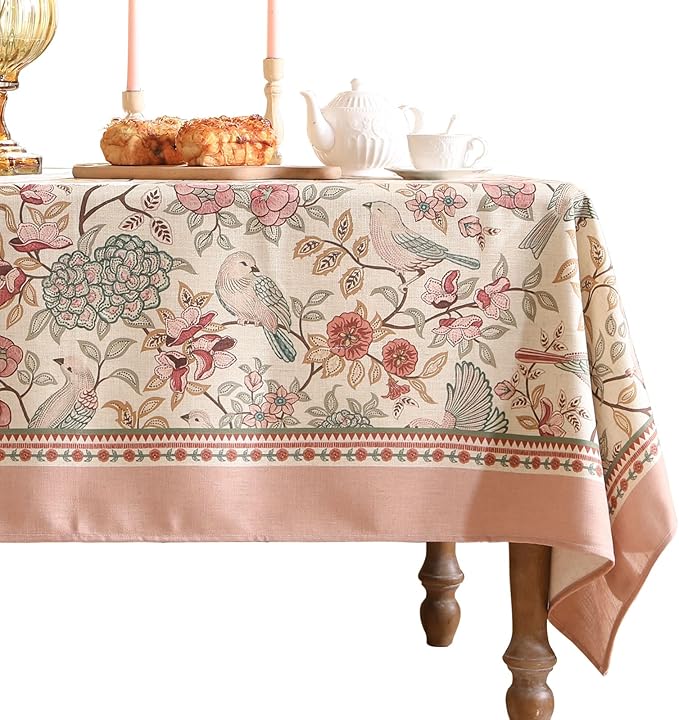 patdrea Designer Pink Linen Table Cloth for Rectangle Table,Vintage Floral with Birds Pattern Decorative Tablcloth,French Table Cover for Kitchen Dining,Thanksgiving,Christmas,63"x110"-Kulom a