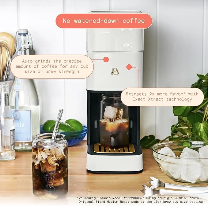 Beautiful Perfect Grind Programmable Single Serve Coffee Maker with Touch Display and Integrated Burr Grinder, Auto Coffee Strength Selection, 64oz Water Reservoir (White Icing)