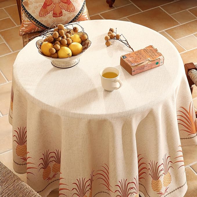 patdrea Designer Vintage Round Tablecloth,Pineapple Pattern Linen Tropical Style Tablecloths,Fall Decor Table Cover for Kitchen Dining Christmas,Thanksgiving,Tea Party,Diameter 55"-Pineapple B