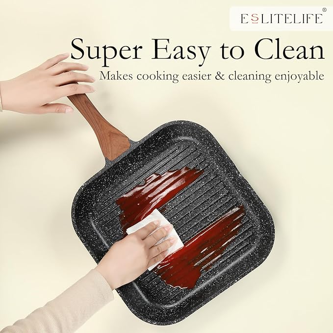 ESLITE LIFE 9.5 Inch Nonstick Grill Pan with Lid for Indoor Cooking, Versatile Induction Square Large Grilling Skillet Steak Pan for Stove Tops, PTFE & PFOA Free, Black