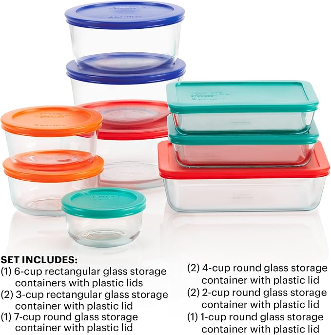 Pyrex Simply Store 9-Pack Mixed Sized Glass Food Storage Set, Round & Rectangular Containers With Lids, BPA-Free, Dishwasher & Microwave Safe