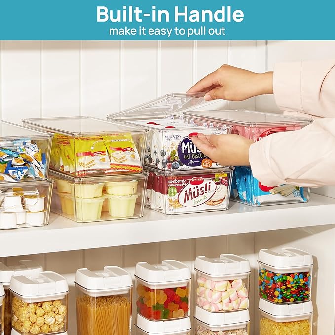 Vtopmart 8pcs Clear Organizers and Storage Bins with Lids, Stackable Plastic Storage Containers with Handles for Fridge, Freezer, Pantry, Cabinet, Kitchen Organization