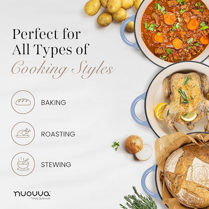 Nuovva Enamelled Cast Iron Dutch Oven Pot with Lid 6.4 Quart Non Stick Casserole Pot – Heavy Duty & Oven Safe up to 500° F for Bread Baking, Braising, Stews, Roasting – 28cm Costal Blue