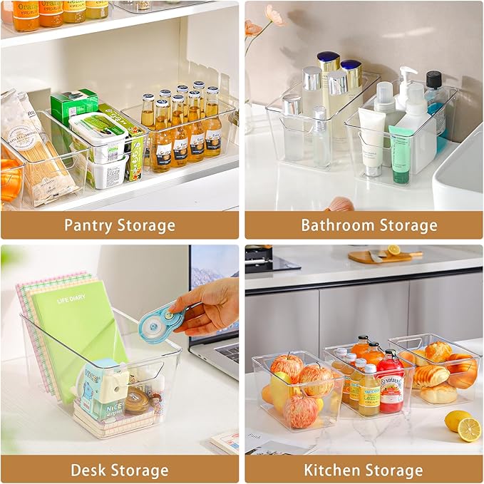 12 Pack Middle Organizers and Storage, Pantry Organization and Storage Bins, Cabinet Organizer, Clear Plastic Storage Containers with Handle，Acrylic Storage Bins for Cabinet, Fridge