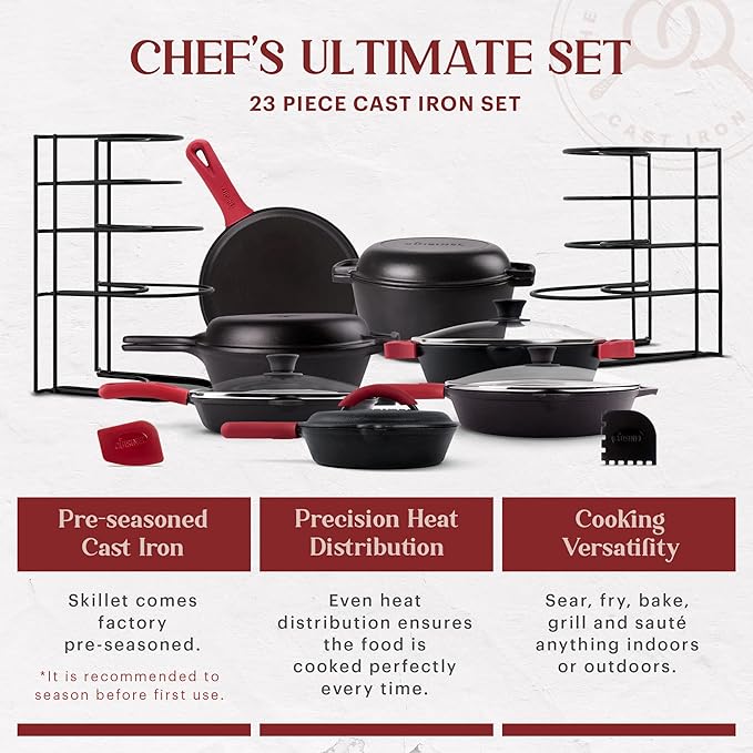 Cuisinel Cast Iron 23-Pc Cookware Set - 8" Skillet + Cast Iron Lid + 12"+Lid + 10" Braiser with Lid + Grill Pan + Lid + Griddle + 5-Qt Dutch Oven + Multi-Cooker + 12"+15" Pan Rack + Scraper + Handles