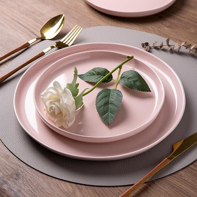 AmorArc Ceramic Dinnerware Sets for 6, 18 Pieces Handpainted Speckled Plates and Bowls Set with Rustic Terracotta Underside, Scratch Resistant Stoneware Dishes Set, Dishwasher & Microwave Safe, Pink