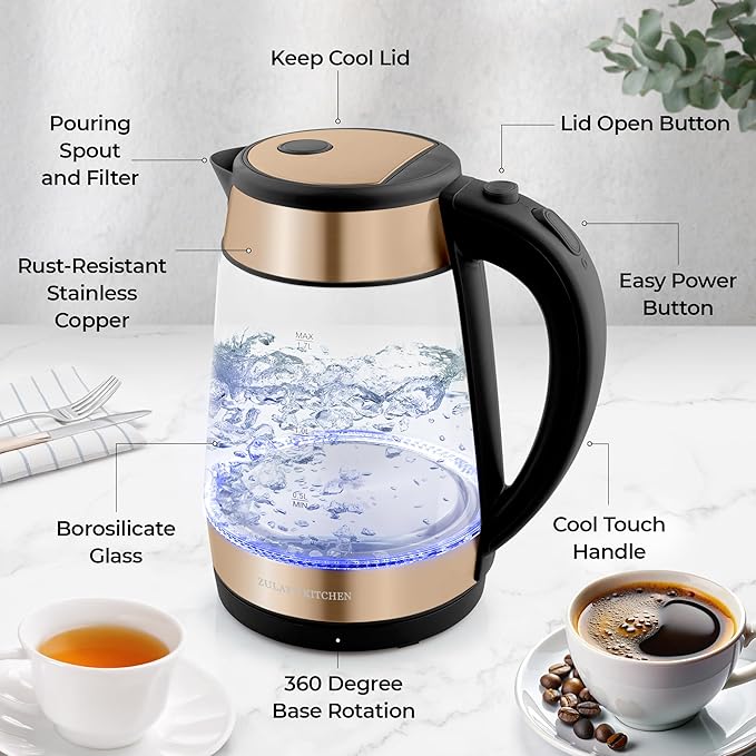 Zulay Kitchen Fast Boiling Electric Water Kettle - 1.7L, 1500W, Auto Shut-Off for Overboil & Boil Dry Protection, Cool-Touch Handle, 360° Base - Rapid Teapot Boiler For Coffee & Tea - Black Copper