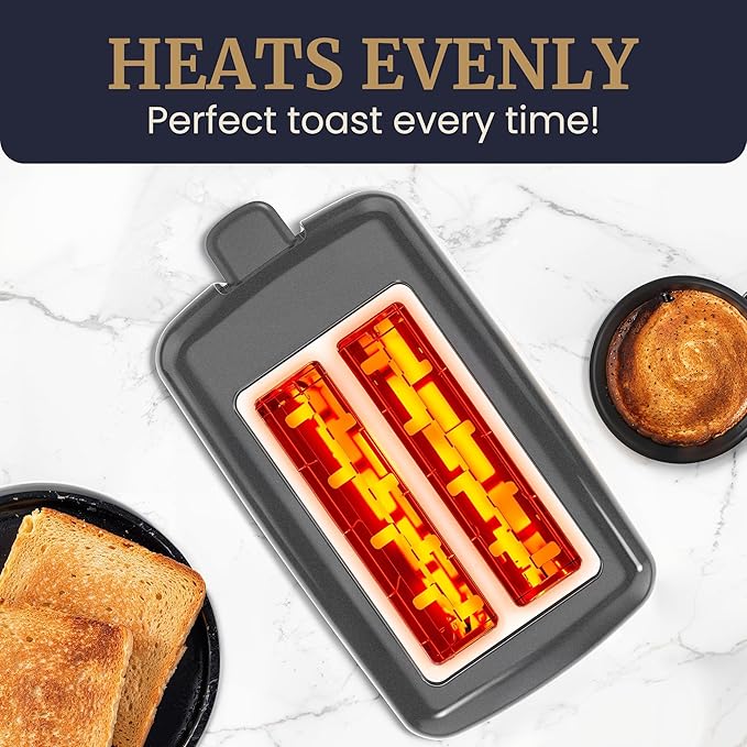 Elite Gourmet ECT1027G Cool-Touch 2 Slice Toaster, 6 Toast Settings & Cancel Function, Extra Wide 1.25” Slots Easily Fits Breads, English Muffins, Bagels & Waffles, Gunmetal Gray