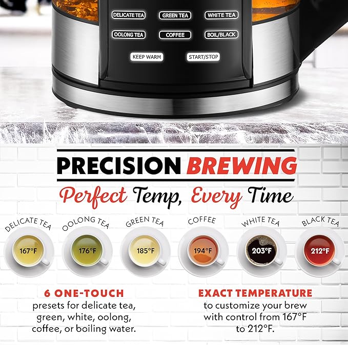 Gourmia Electric Programmable Glass Kettle – 1.7L Temperature Control Tea & Coffee Kettle with Digital Touch Display, 6 Presets, Keep Warm, Removable Stainless Steel Infuser, 360° Swivel Base – Black