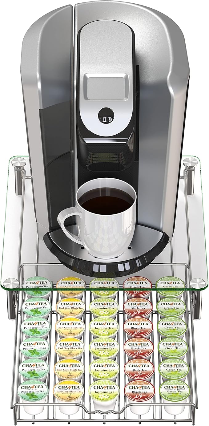 Deco Brothers Crystal Tempered Glass K-Cup Holder Drawer for 30 Coffee Pods Storage, Chrome