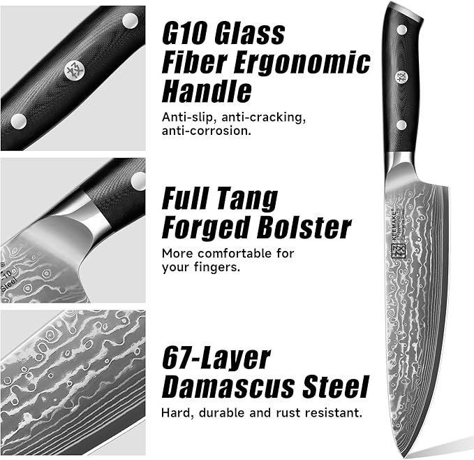 KEEMAKE Damascus Kitchen Knife Set 3 PCS, Sharp Knives Set for Kitchen, 67 Layers Damascus Chef Knives, Japanese Knife Sets with Full Tang Ergonomic Handle, Kitchen Knives for Meat Vegetable