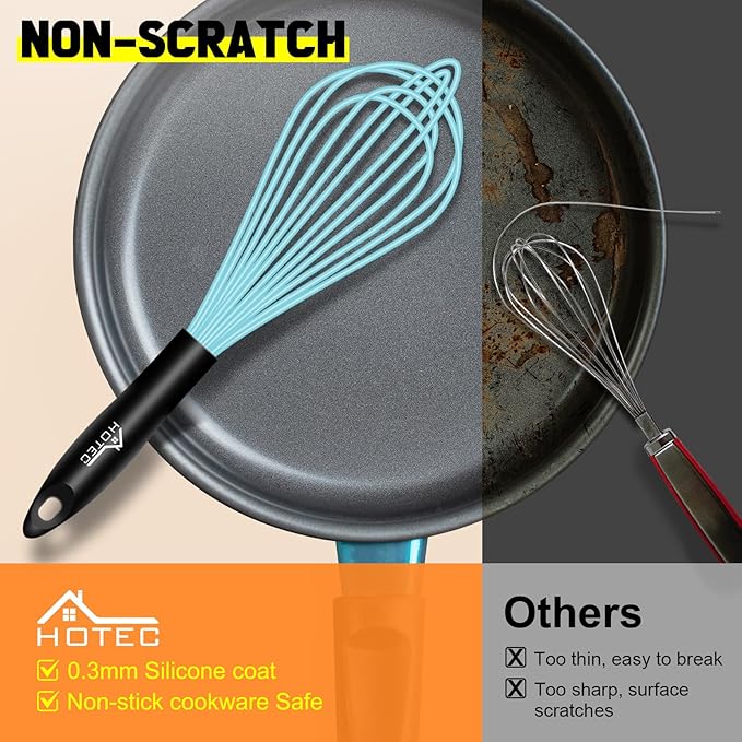 HOTEC 4 Pieces Silicone Whisks Set, Wire Balloon Whisks Egg Beater, Non-slip Handle Whisk for Non-stick Cookware Perfect for Cooking, Stirring, Beating and Blending (Blue)