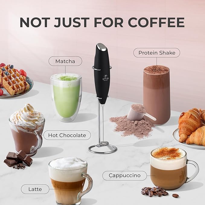 Zulay Kitchen Powerful Milk Frother Wand With 2 Duracell Batteries - Ultra Fast Handheld Drink Mixer - Electric Whisk Foam Maker for Coffee, Lattes, Cappuccino, Matcha, Hot Chocolate & Creamer - Black