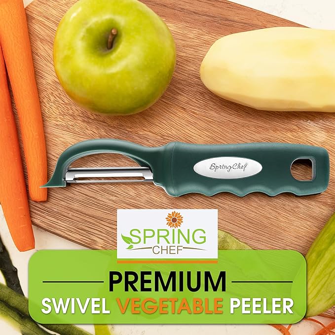 Spring Chef Professional Swivel Vegetable Peeler for Kitchen, Stainless Steel Potato Peeler with Comfortable Handle, Great for Apple, Veggie, Carrot, Cucumber - Dishwasher Safe - Pine Green