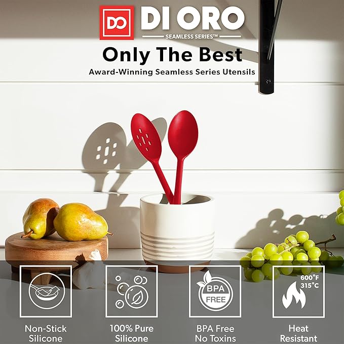DIORO Silicone Mixing & Serving Spoons - Large Heat-Resistant Non Stick Utensils Big Solid & Slotted Basting & Stirring Spoons - Dishwasher Safe (2pc, Red)