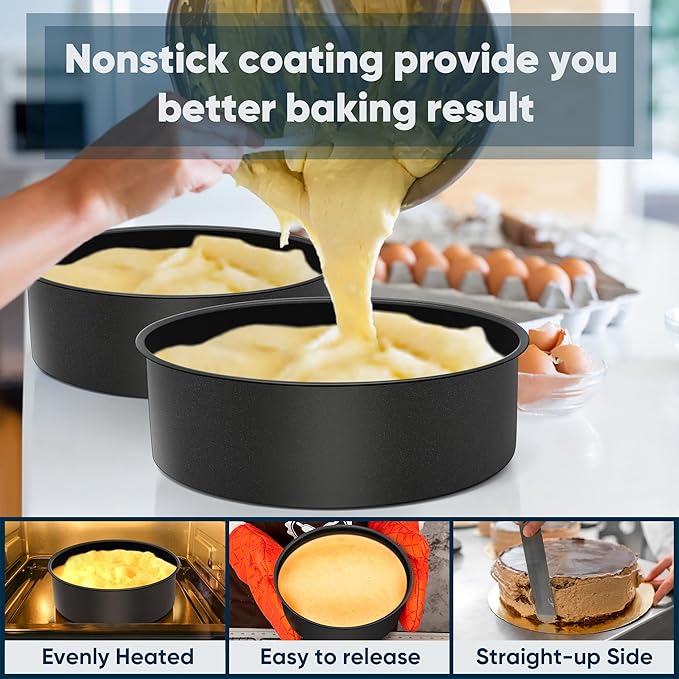 E-far 9½ x 3 Inch Cake Pan Set of 2, Nonstick Stainless Steel Round Cake Pans Tin for Baking Birthday Wedding Layer Cakes, Stainless Steel Core & Non-toxic Coating, Deep & Straight Side