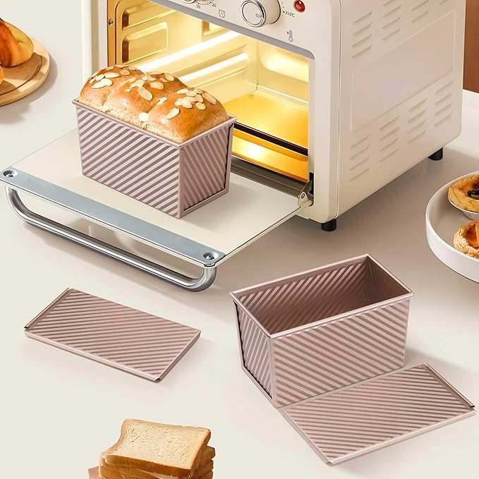 LIANYU 3 Pack Pullman Loaf Pan with Lid, 1 LB Nonstick Carbon Steel Loaf Pans Set, Heavy Duty Rectangle Bakeware with Cover for Homemade Sourdough Bread Sandwich, Rose Gold