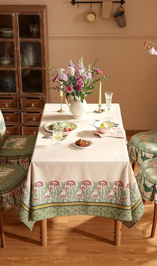 patdrea Designer Vintage Linen Long Rectangle Table Cloth,Floral Leaves Pattern Anti-Wrinkle Green Tablecloth,Decor Table Cover for Kitchen Dining Christmas,Party,Thanksgiving,55"x79"-Cecilia D