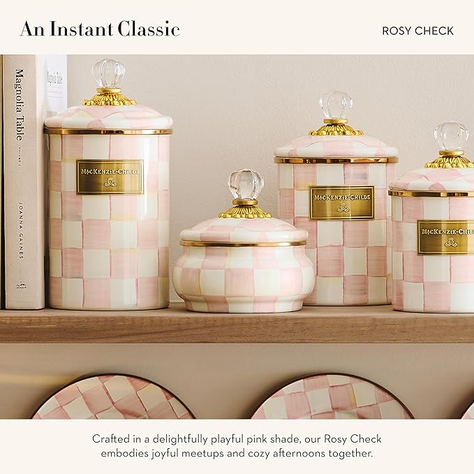 MACKENZIE-CHILDS Enamel Squashed Pot, Cute Enameled Container with Lid, 20 Ounces, Pink-and-White Rosy Check