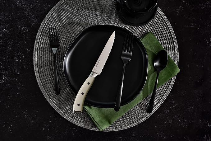 DURA LIVING 8-Piece Serrated Kitchen Steak Knife Set – Forged High Carbon Stainless Steel, Ultra Sharp, Ergonomic Black Handles, Durable Dinner Knives, Cream Handle