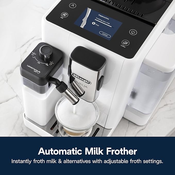 De'Longhi Rivelia Automatic Espresso Machine with Grinder & Milk Frother – All-in-One Coffee Maker, Hot & Iced Latte, Cappuccino, Bean Switch System, Burr Grinder, Compact Italian Design, White