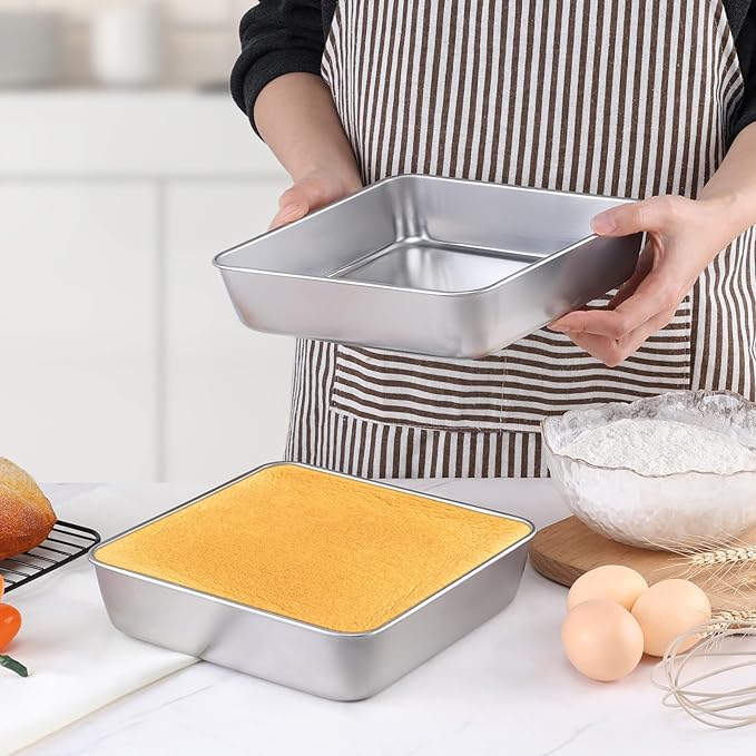 LIANYU 2 Pack 8 x 8 Inch Square Cake Pan, Stainless Steel Baking Lasagna Brownie Bread Pan, Square Bakeware for Birthday Party Wedding, Oven & Dishwasher Safe