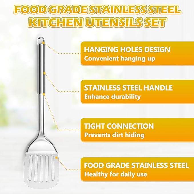 E-far 6-Piece Cooking Utensils Set, Stainless Steel Kitchen Utensils, Metal Heat Resistant Kitchen Tools Set Including Spoon, Soup Ladle, Slotted/Solid Turner, Skimmer, Pasta Server, Dishwasher Safe