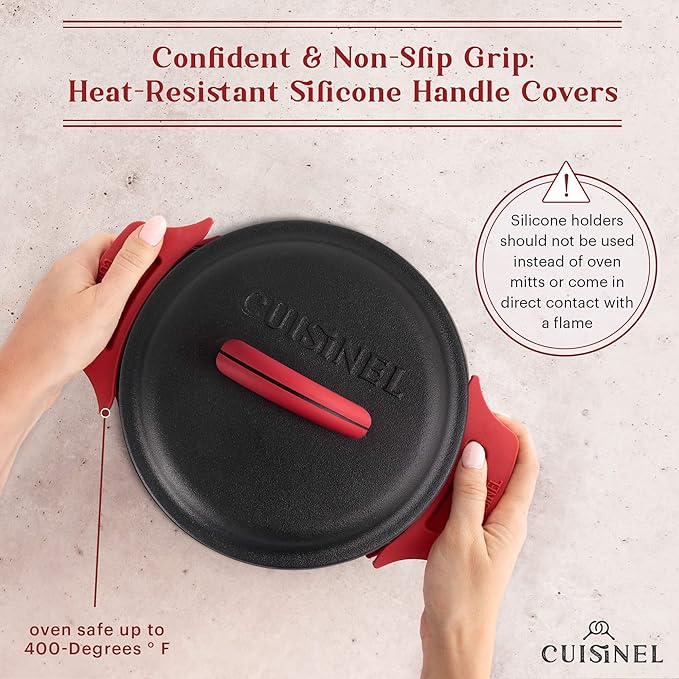 Cuisinel Cast Iron Dutch Oven - 3-Quart Deep Pot + Lid + Pan Scraper + Handle Covers - Large Pre-Seasoned Cooker for Baking Bread, Soup, Frying - Indoor/Outdoor Kitchen, Camping, Fire, BBQ Cookware