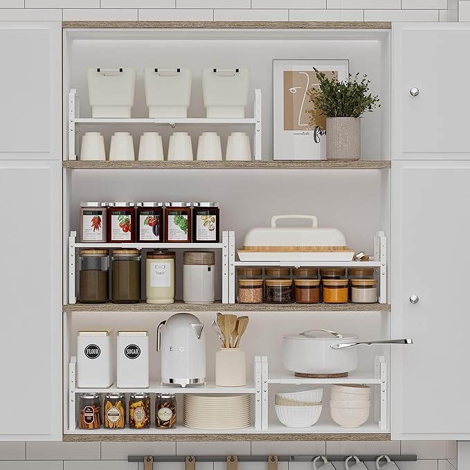 Expandable Shelf for Cabinet Organizer Adjustable Stackable Spice Rack at Kitchen and Bathroom More, Counter Countertop Cupboard Organization Pantry Storage(MEDIUM/1PACK/WHITE)