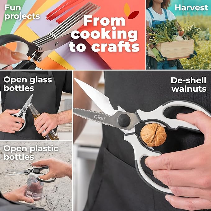 Gidli 2 Pack Kitchen Scissors & Kitchen Shears - Lifetime Replacement Warranty - Herb Scissors with 5 Blades and Cover - Heavy Duty Vegetable Salad Multi Blade All-Purpose Food Shears Dishwasher Safe
