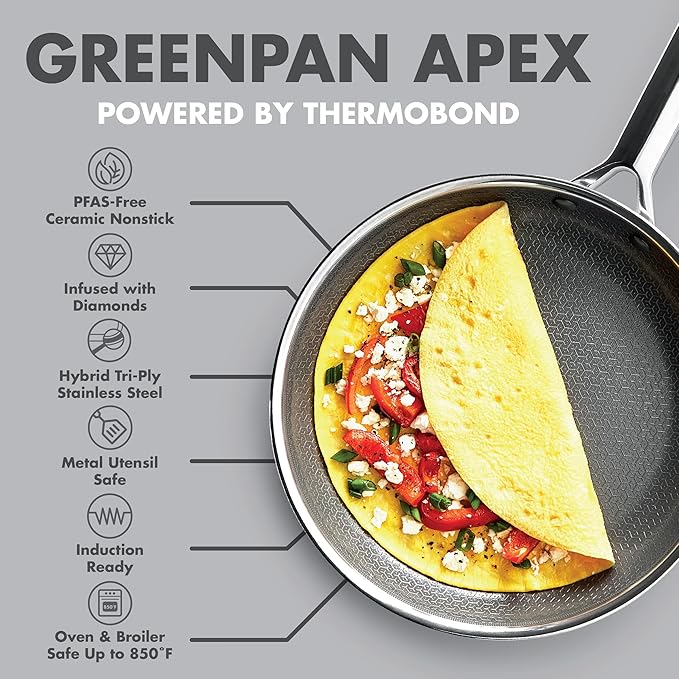 GreenPan Hybrid 9.5” & 11” Nonstick Stainless Steel Frying Pan Set, APEX Tri-Ply Thermobond PFAS-Free Ceramic Skillets, Induction & All Cooktop Compatible, Oven Temp to 850°F, Dishwasher Safe, Silver