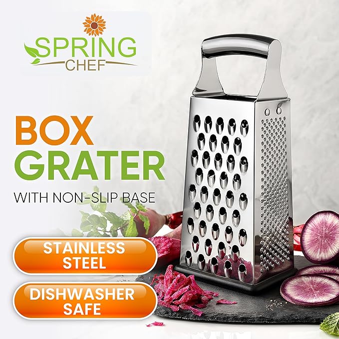 Spring Chef Professional Large Parmesan Cheese Grater, Stainless Steel Metal Box Grater with Handle, 4 Sided Handheld Kitchen Food Shredder for Cheese, Carrot, Veggie, Ginger, Potato - Dishwasher Safe