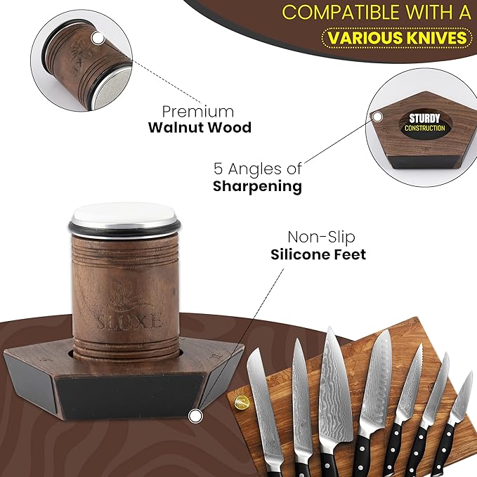 Rolling Knife Sharpener Kit – Premium Walnut Wood – 5 Magnetic Angles (12, 15, 17, 19 & 22 Degrees) – Diamond and Ceramic Discs – Durable Knife Sharpening System for Kitchen & Chef's Knives
