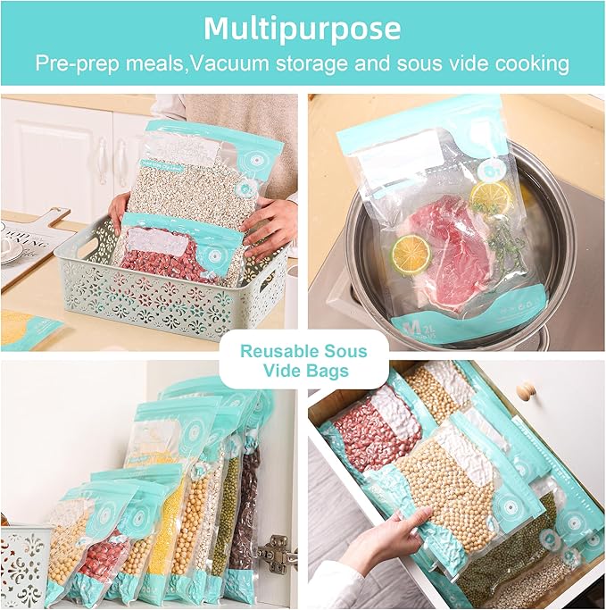 31 PCS Electric Vacuum Sealer, Sous Vide Bags, Portable Mini Vacuum Sealer with 20Pcs Reusable Food Saver Sealer Bags, 4 Sealing Clip, 2 Clips for Sous Vide Cooking, 2 vacuum wine stoppers