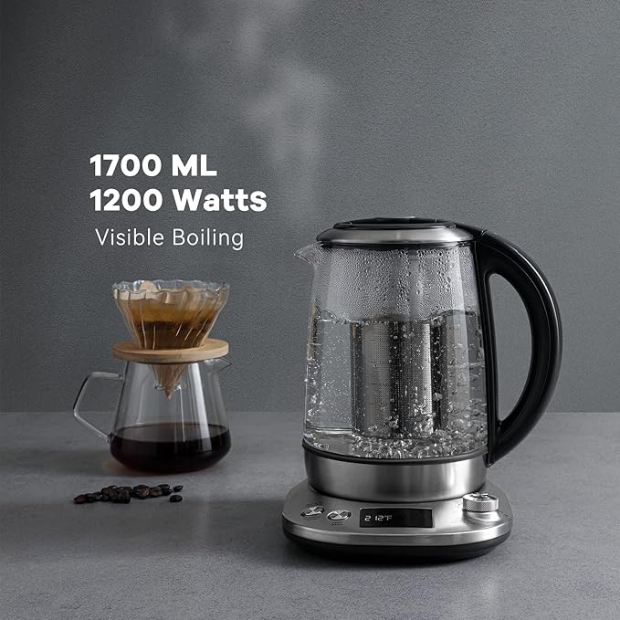 Mecity Electric Tea Kettle with Removable Infuser, 9 Preset Brewing Programs, Temperature Control, 2 Hours Keep Warm, Borosilicate Glass, 1.7 Liter, 1200W