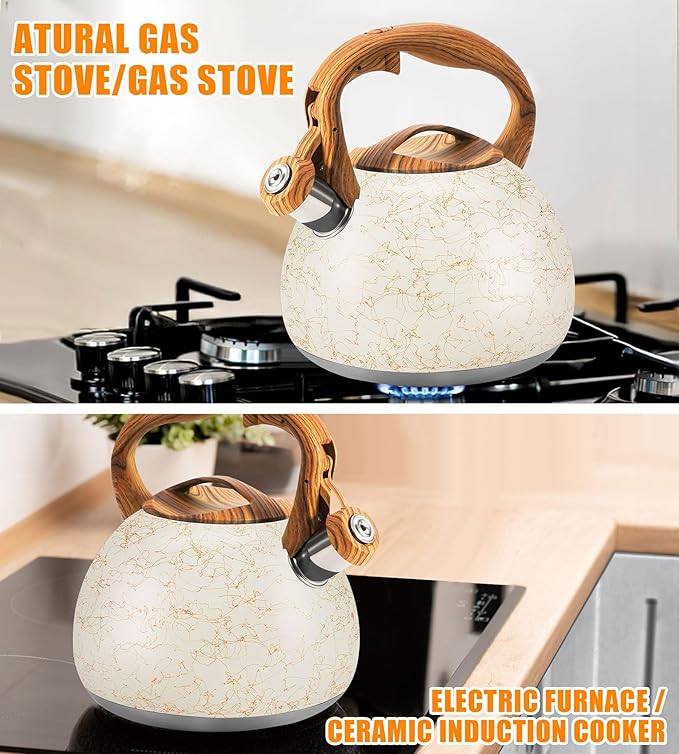 3.2 Quart Whistling Tea Kettle Stovetop, Stainless Steel Tea pot with Wood Grain Handle, Loud Whistle Kettle for Boiling Water, Coffee & Milk, Easy-Pour Spout Classic Design (Off-white)