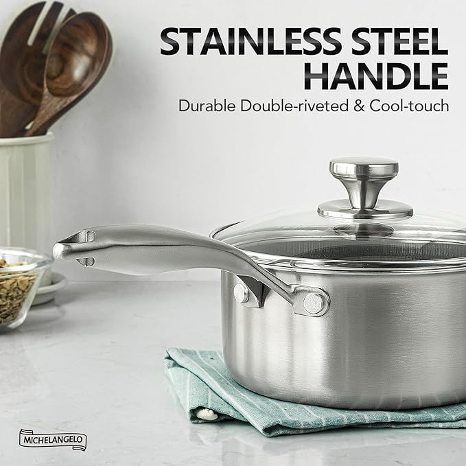 MICHELANGELO 1 Quart Saucepan with Lid, Premium Triple Ply Stainless Steel Sauce Pan with Lid, Small Saucepan with Honeycomb Interior - 1QT