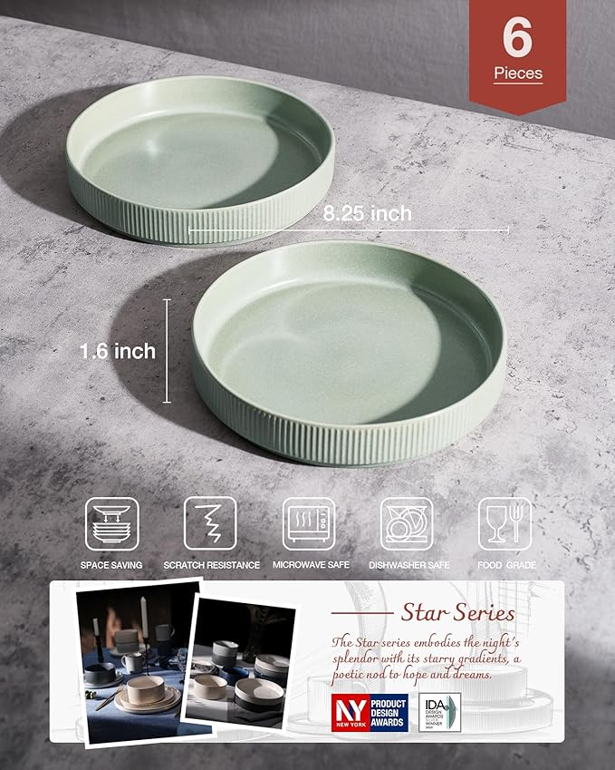famiware Star 8.25" Pasta Bowls, Large Dinner Bowls Set of 6, Salad Bowl Plates, Shallow Bowls for Eating, Light Green