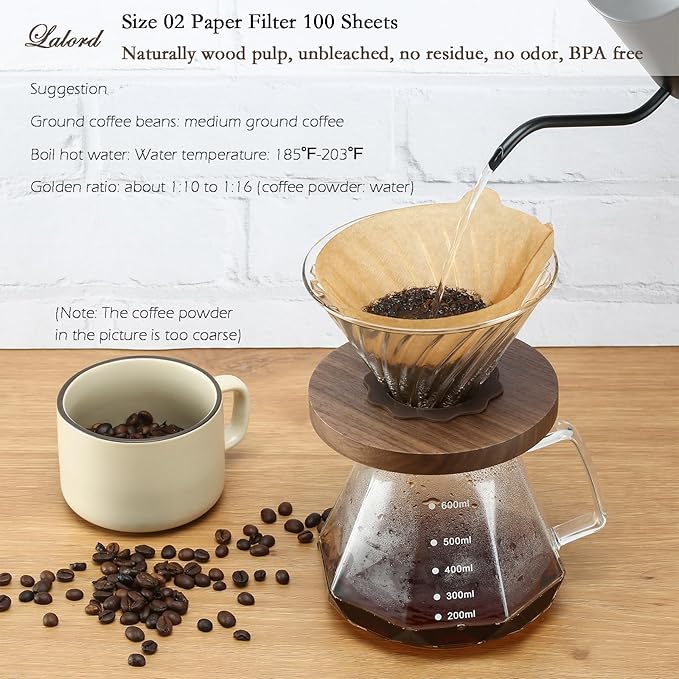 Pour Over Coffee Dripper with 100 pcs Size 02 Paper Filter, Walnut Handle and Borosilicate Glass, Glass Coffee Dripper, Hold for 1-4 Cups