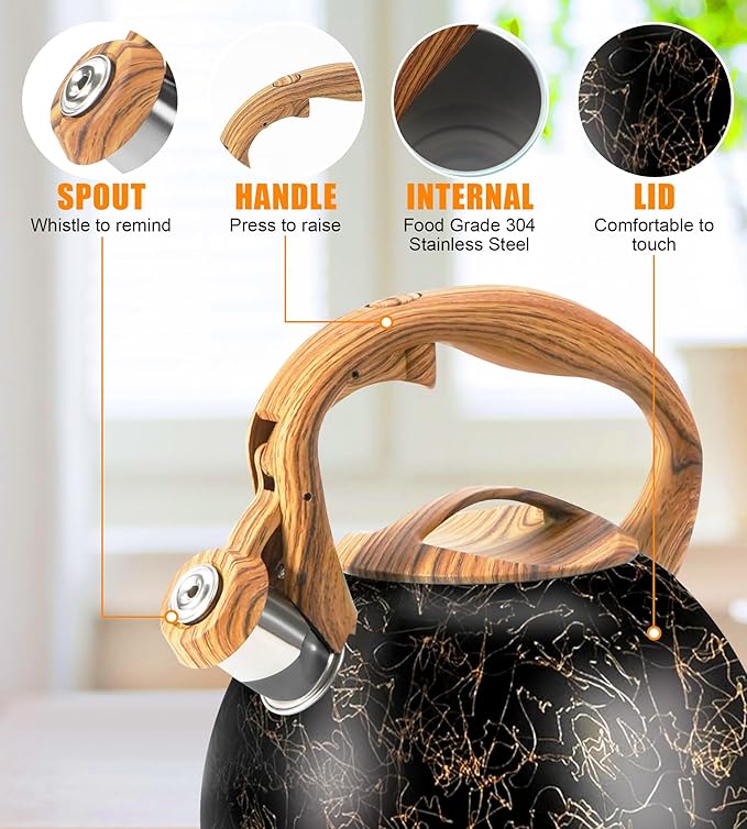 3.2Qt Whistling Tea Kettle for Stove Top, Food Grade Stainless Steel Wood Handle Teapot, Durable for Brewing Coffee, Tea, Milk, Suitable for All Heat Sources (Golden line)