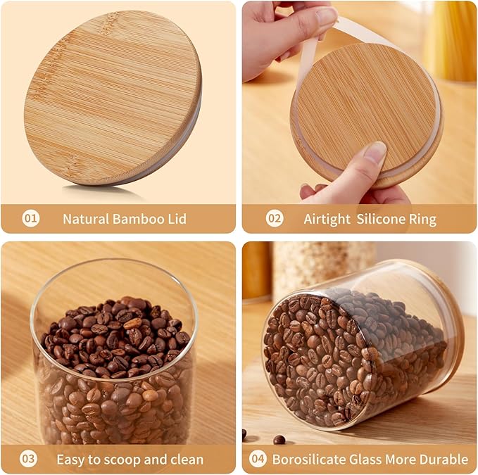 Glass Food Storage Jars with Lids[Set of 5], Perfect for Pasta, Cookies, Nuts, Coffee, Cereal, Flour, and More, Organize Your Kitchen and Pantry with these BPA-Free Glass Canisters